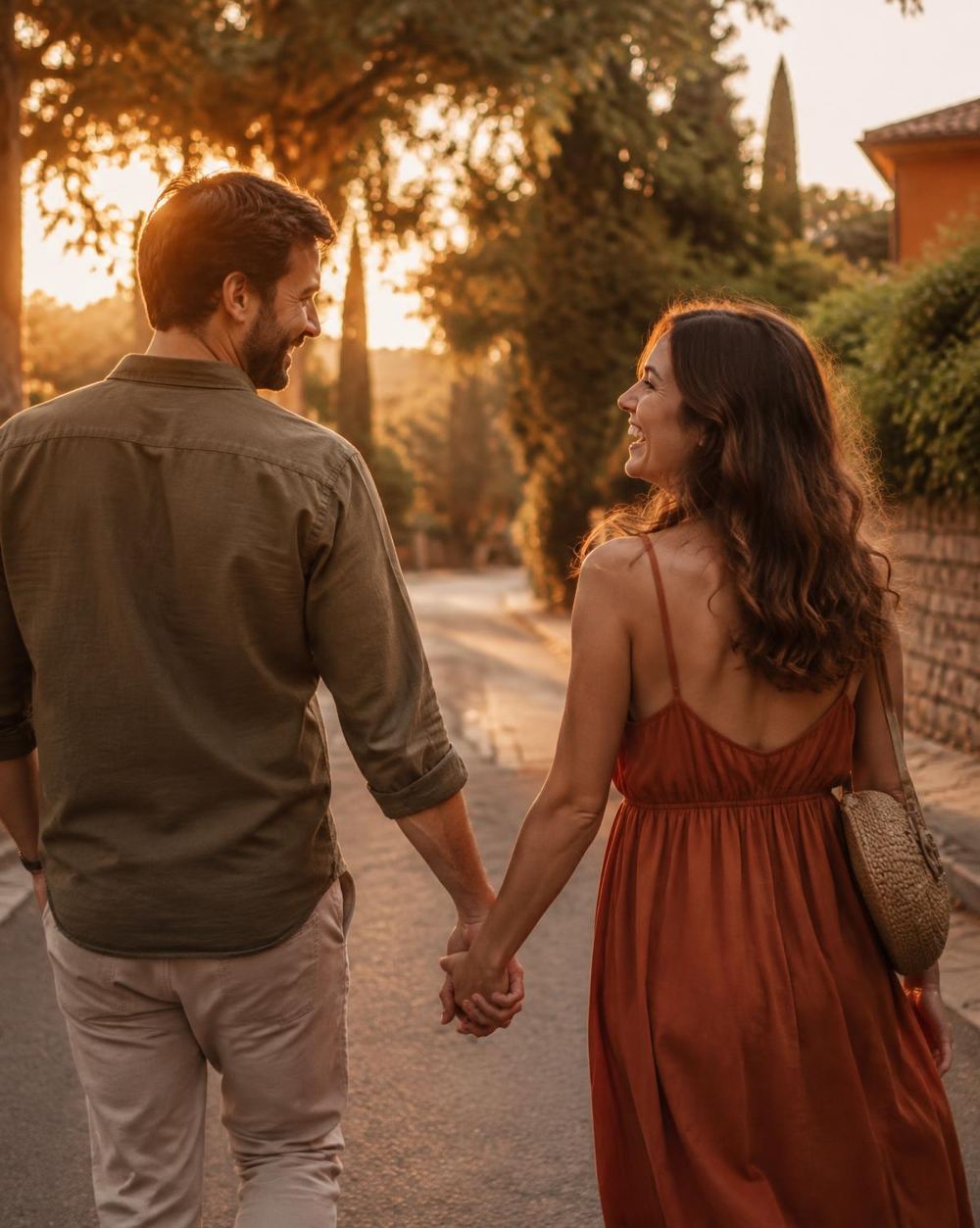 Casal caminhando de mãos dadas por uma rua arborizada ao pôr do sol, sorrindo