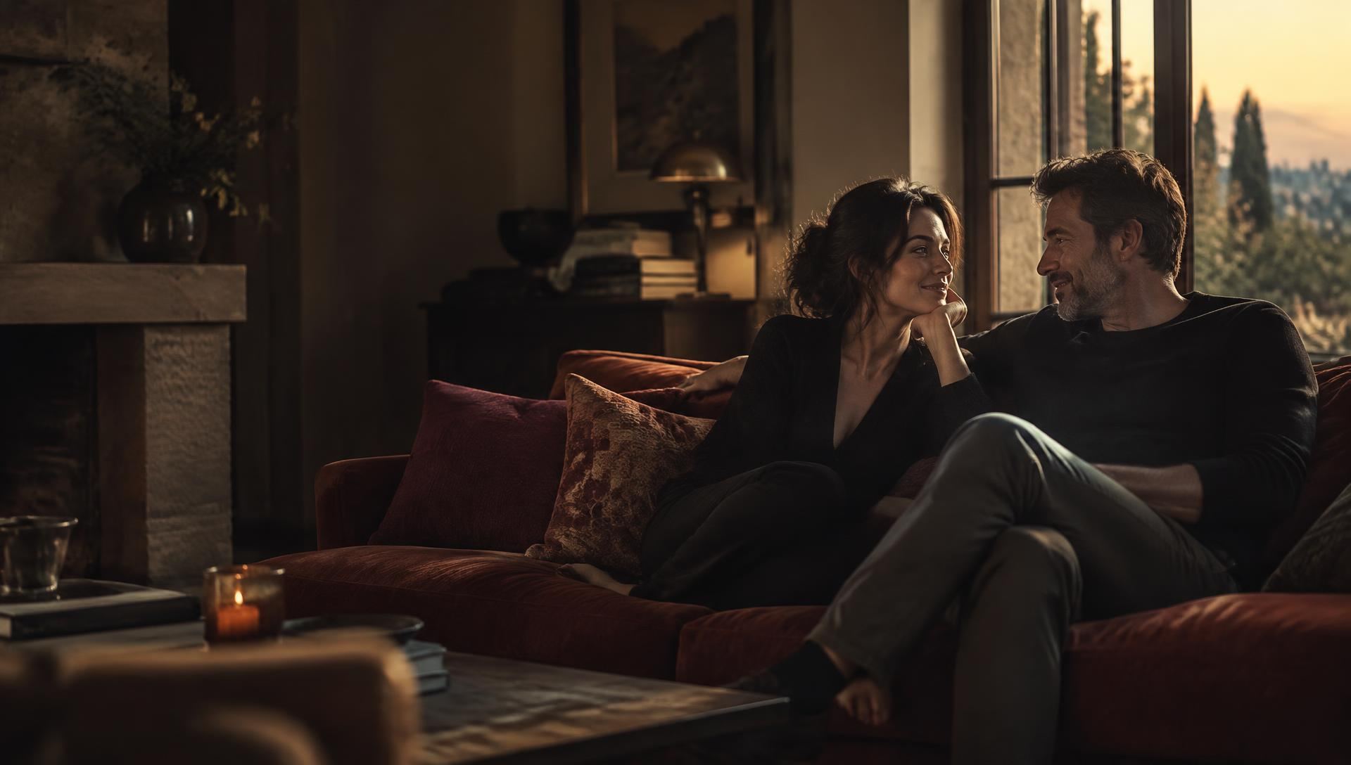 Casal adulto conversando no sofá de casa, sob luz suave de fim de tarde
